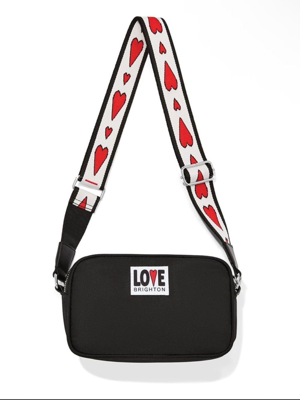 Brighton Black Crossbody with White Strap and Red Heart Accents